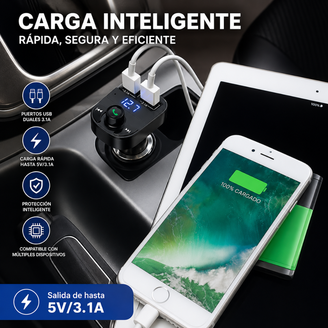CARGADOR MULTIFUNCIONAL CARRO — Carga el celular y pon música sin cables