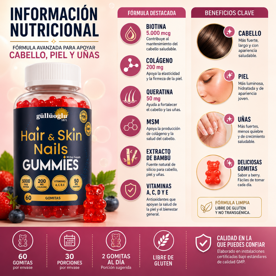 HAIR & SKIN NAILS GUMMIES – Apoyo capilar para cabello, piel y uñas más fuertes en tu rutina diaria