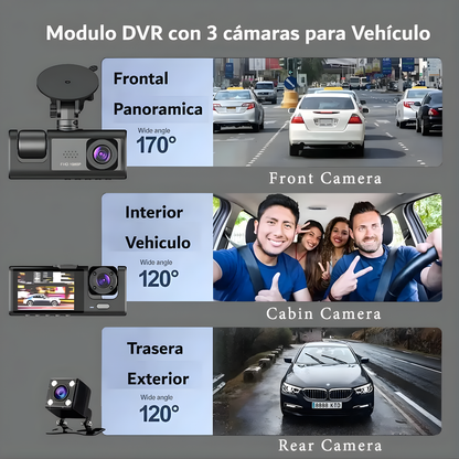 CÁMARA DASH TRIPLE PARA VEHÍCULO – Seguridad total, grabación simultánea y control completo en cada viaje