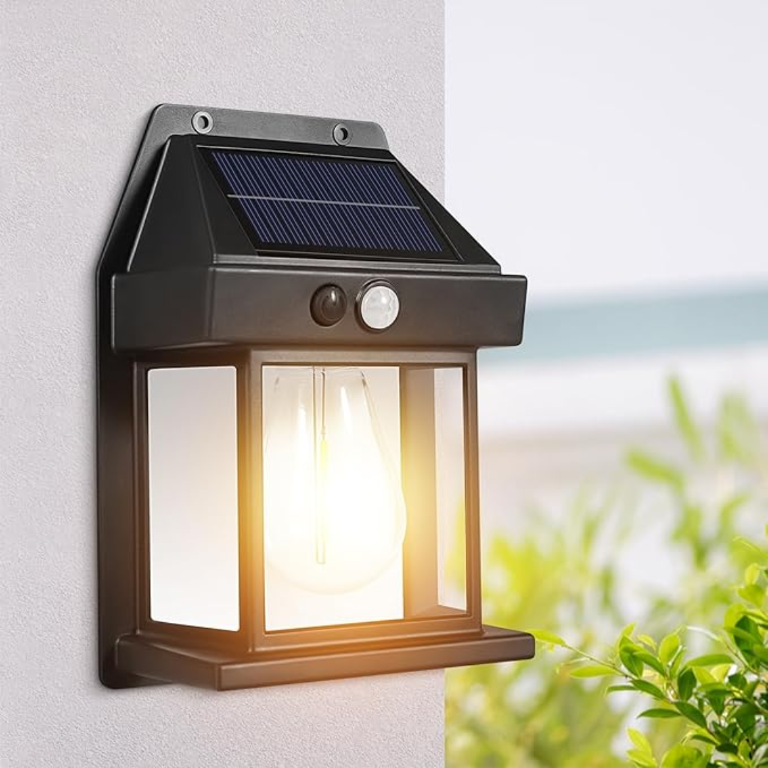 LÁMPARA SOLAR RETRO PARA PARED — Se carga sola y enciende sola cada noche