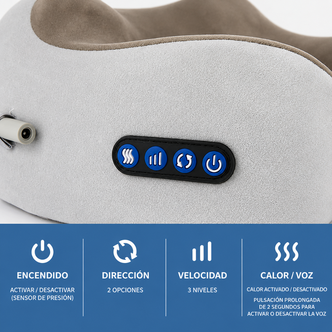 ALMOHADA DE VIAJE ERGONÓMICA CON FUNCIÓN DE MASAJE, VIBRACIÓN Y CALOR INTEGRADA — Relajación para cuello en casa o de viaje