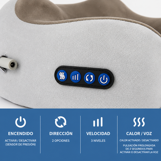 ALMOHADA DE VIAJE ERGONÓMICA CON FUNCIÓN DE MASAJE, VIBRACIÓN Y CALOR INTEGRADA — Relajación para cuello en casa o de viaje