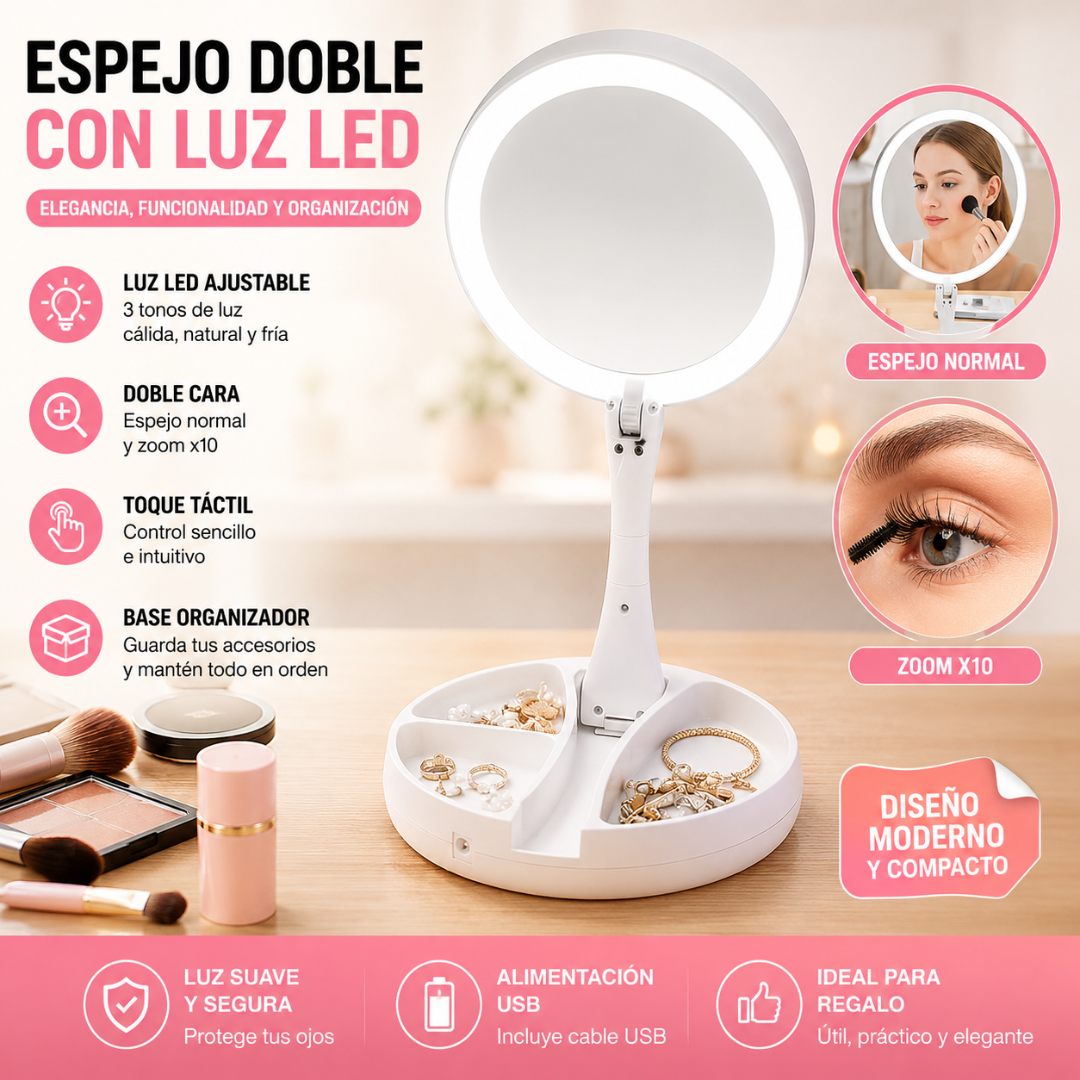 ESPEJO LED DE MESA CON ILUMINACIÓN INTEGRADA Y DISEÑO PLEGABLE – Maquíllate mejor y mantén todo organizado