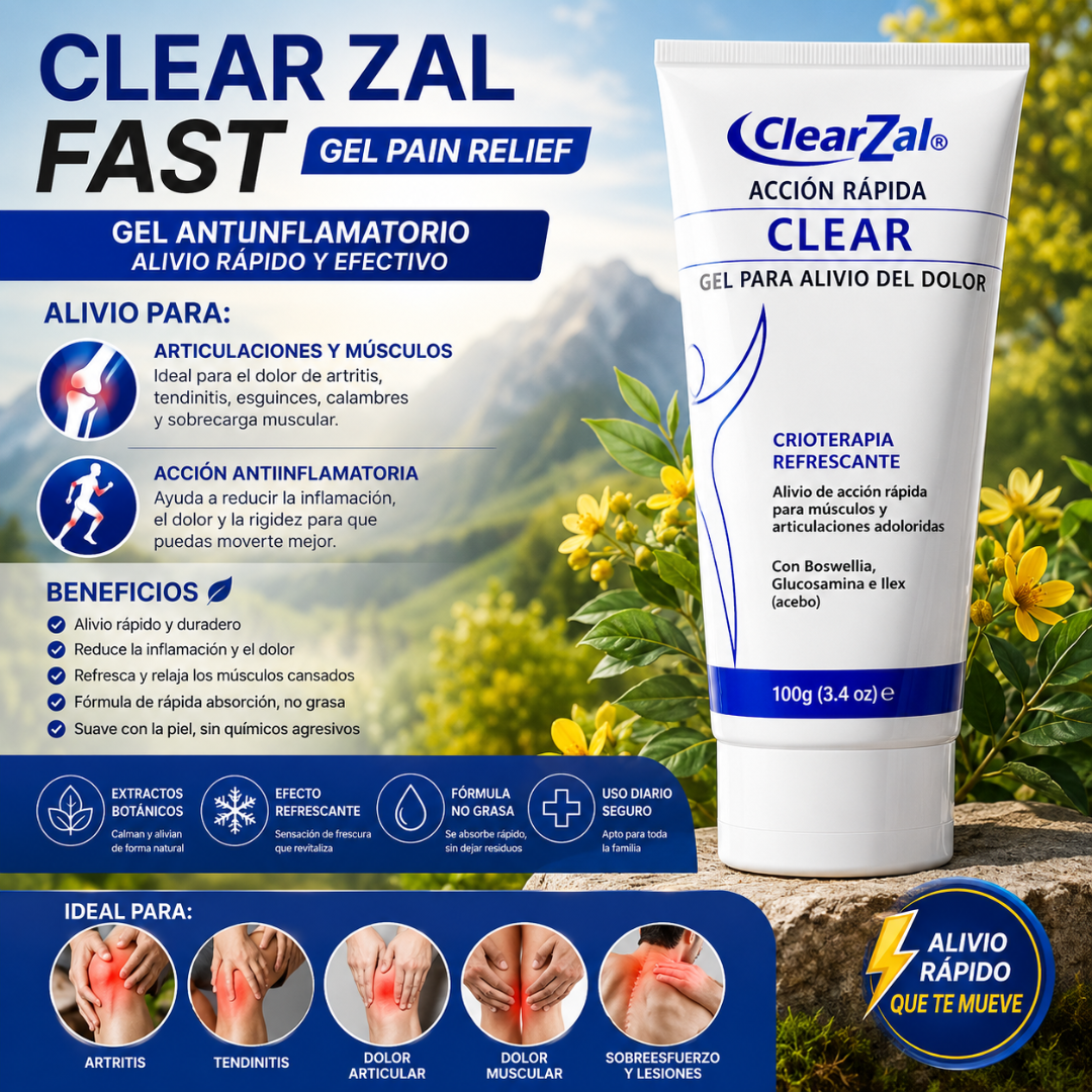 CLEARZAL FAST ACTING CLEAR GEL – Alivio tópico refrescante para músculos, articulaciones y zonas sensibles