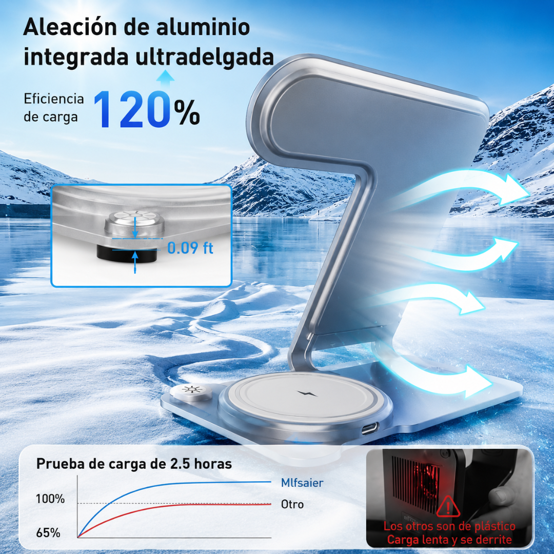 CARGADOR INALÁMBRICO 3 EN 1 – Carga tres dispositivos al mismo tiempo de forma portátil y ordenada