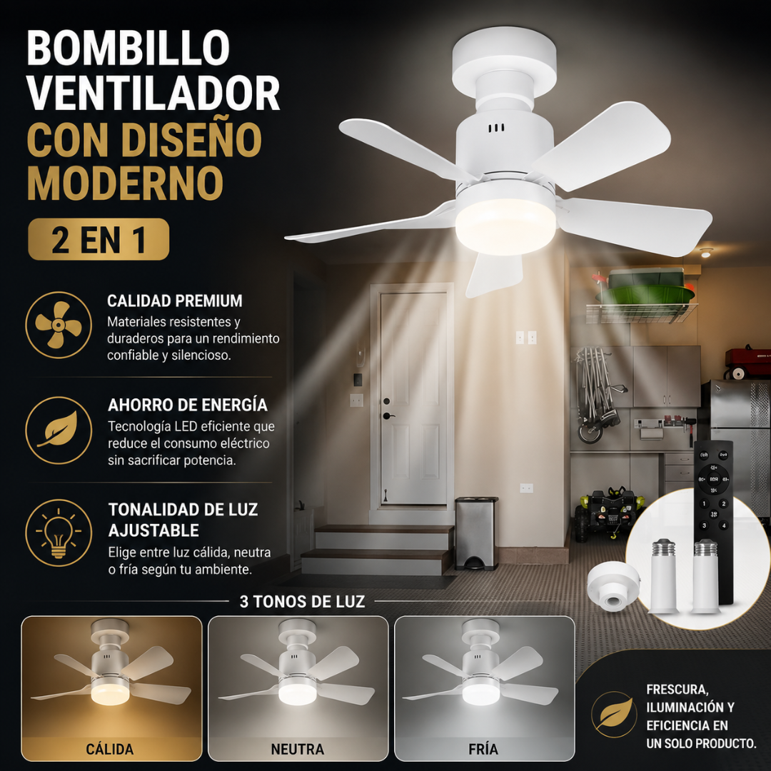 BOMBILLO VENTILADOR CON DISEÑO MODERNO 2 EN 1 – Iluminación ajustable, ventilación práctica y ahorro de energía en un solo producto