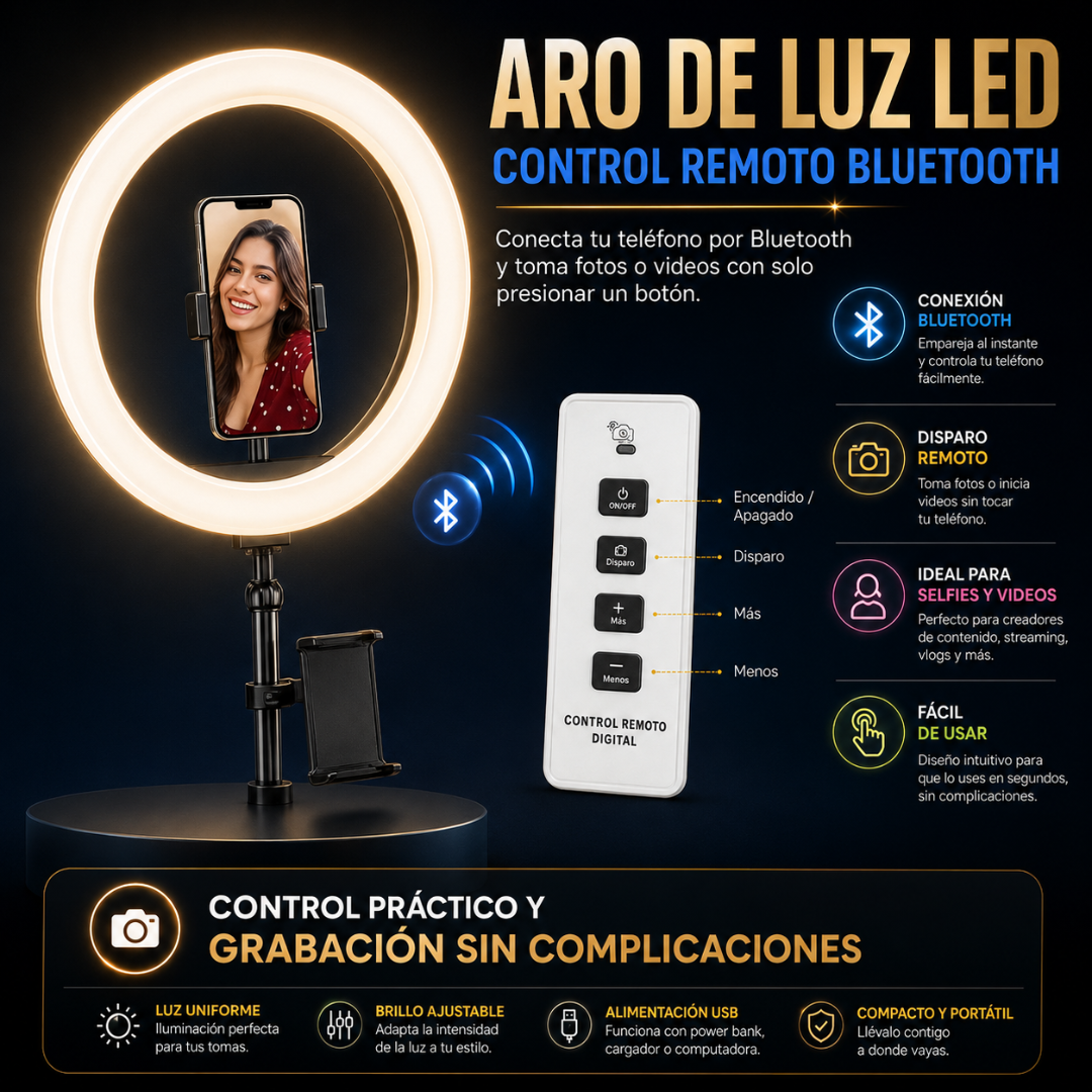 ARO DE LUZ LED 13"/33CM MODELO LJJ33 – Iluminación versátil para crear, grabar y destacar cada detalle