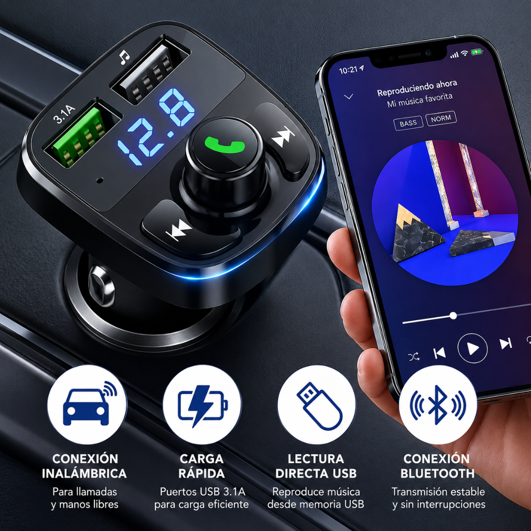 CARGADOR MULTIFUNCIONAL CARRO — Carga el celular y pon música sin cables