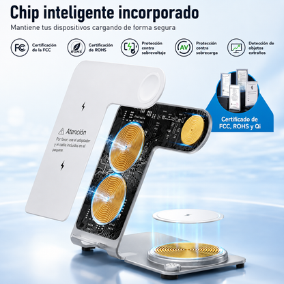 CARGADOR INALÁMBRICO 3 EN 1 – Carga tres dispositivos al mismo tiempo de forma portátil y ordenada