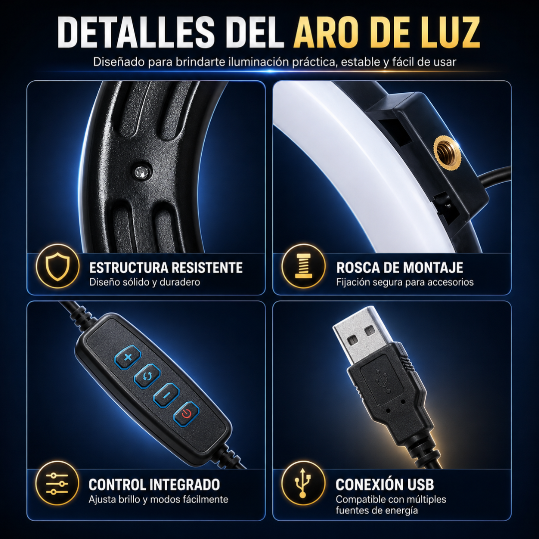 ARO DE LUZ LED 13"/33CM MODELO LJJ33 – Iluminación versátil para crear, grabar y destacar cada detalle