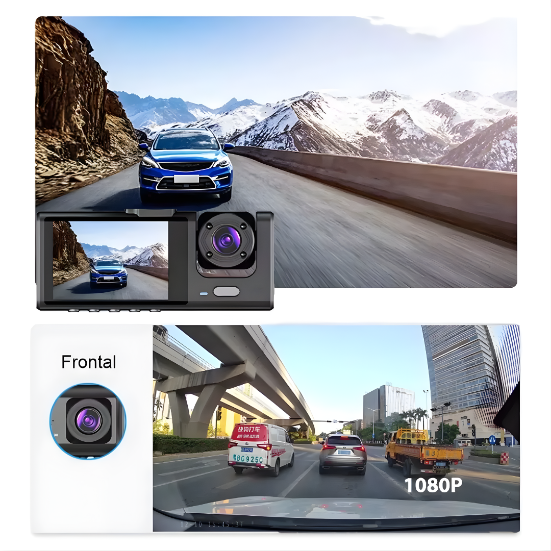 CÁMARA DASH TRIPLE PARA VEHÍCULO – Seguridad total, grabación simultánea y control completo en cada viaje