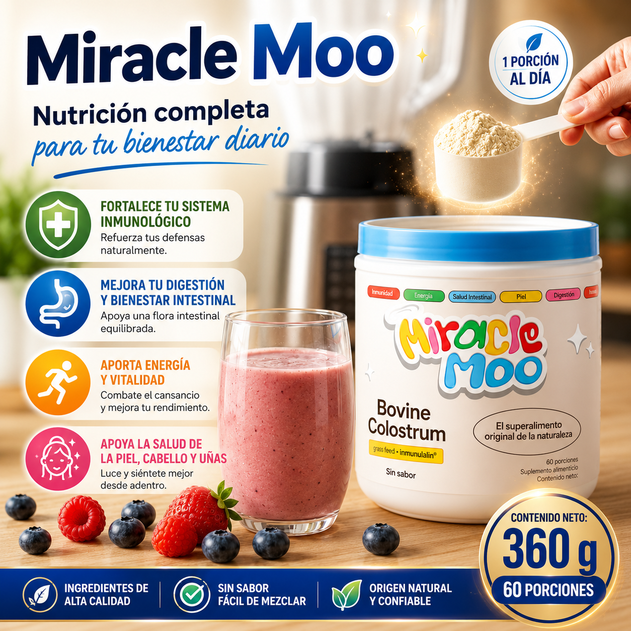SUPLEMENTO DE CALOSTRO BOVINO MIRACLE MOO – Apoyo digestivo e inmune diario