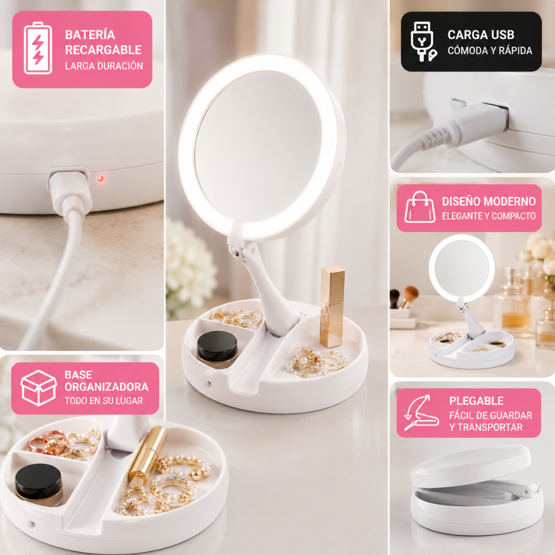 ESPEJO LED DE MESA CON ILUMINACIÓN INTEGRADA Y DISEÑO PLEGABLE – Maquíllate mejor y mantén todo organizado