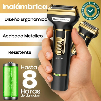 RASURADORA PARA CABALLERO 3 EN 1 — Barba, nariz, orejas y cuerpo con un solo aparato. Sin cables, sin visitas al barbero.