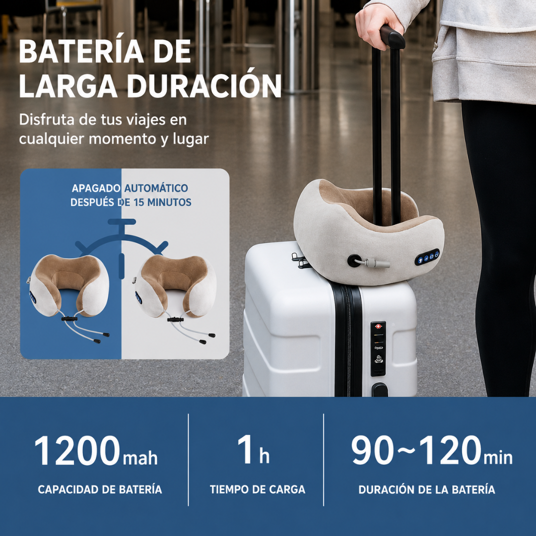 ALMOHADA DE VIAJE ERGONÓMICA CON FUNCIÓN DE MASAJE, VIBRACIÓN Y CALOR INTEGRADA — Relajación para cuello en casa o de viaje
