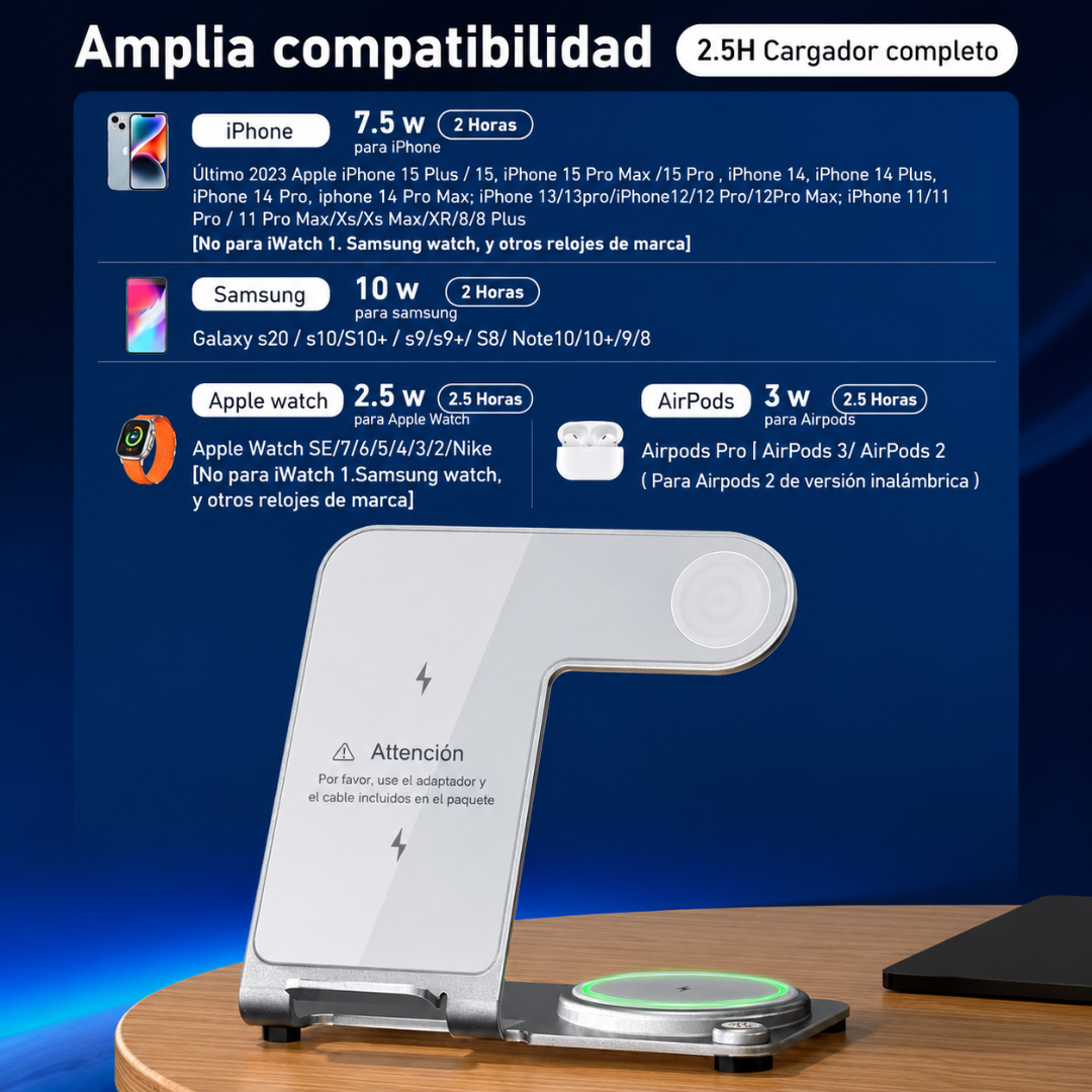 CARGADOR INALÁMBRICO 3 EN 1 – Carga tres dispositivos al mismo tiempo de forma portátil y ordenada