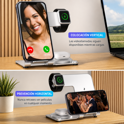 CARGADOR INALÁMBRICO 3 EN 1 – Carga tres dispositivos al mismo tiempo de forma portátil y ordenada