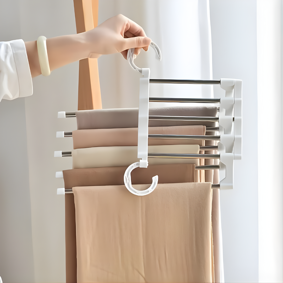 GANCHO DE PANTALONES – Organización inteligente, ahorro de espacio y ropa siempre ordenada