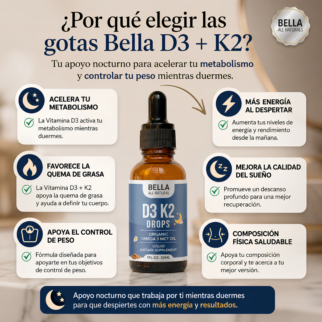 BELLA ALL NATURAL VITAMIN D3 K2 DROPS – Apoyo nocturno para metabolismo, bienestar y control corporal