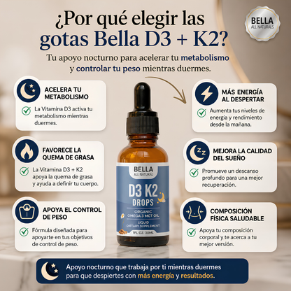 BELLA ALL NATURAL VITAMIN D3 K2 DROPS – Apoyo nocturno para metabolismo, bienestar y control corporal