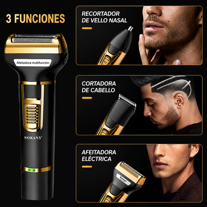RASURADORA PARA CABALLERO 3 EN 1 — Barba, nariz, orejas y cuerpo con un solo aparato. Sin cables, sin visitas al barbero.
