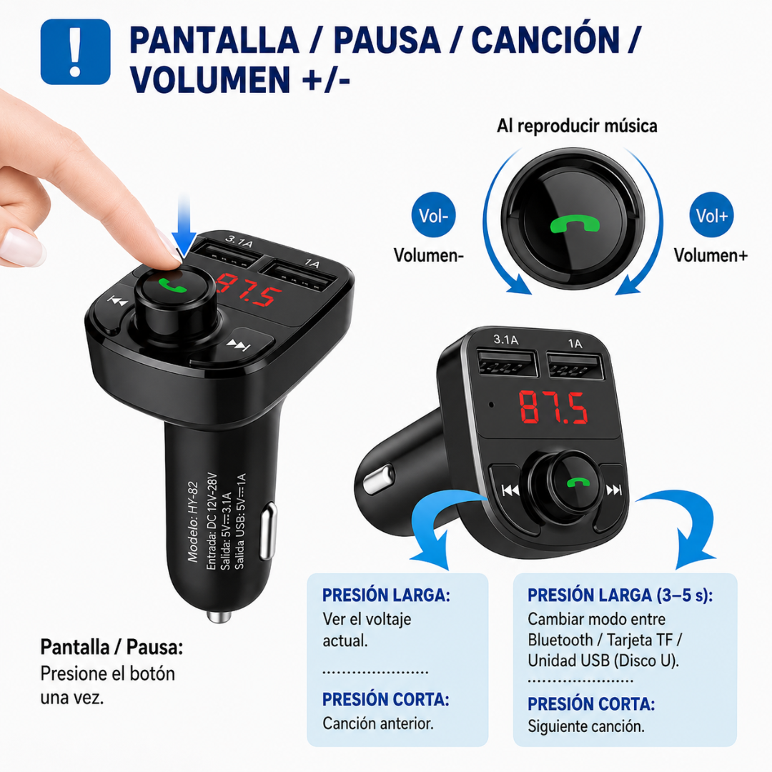 CARGADOR MULTIFUNCIONAL CARRO — Carga el celular y pon música sin cables