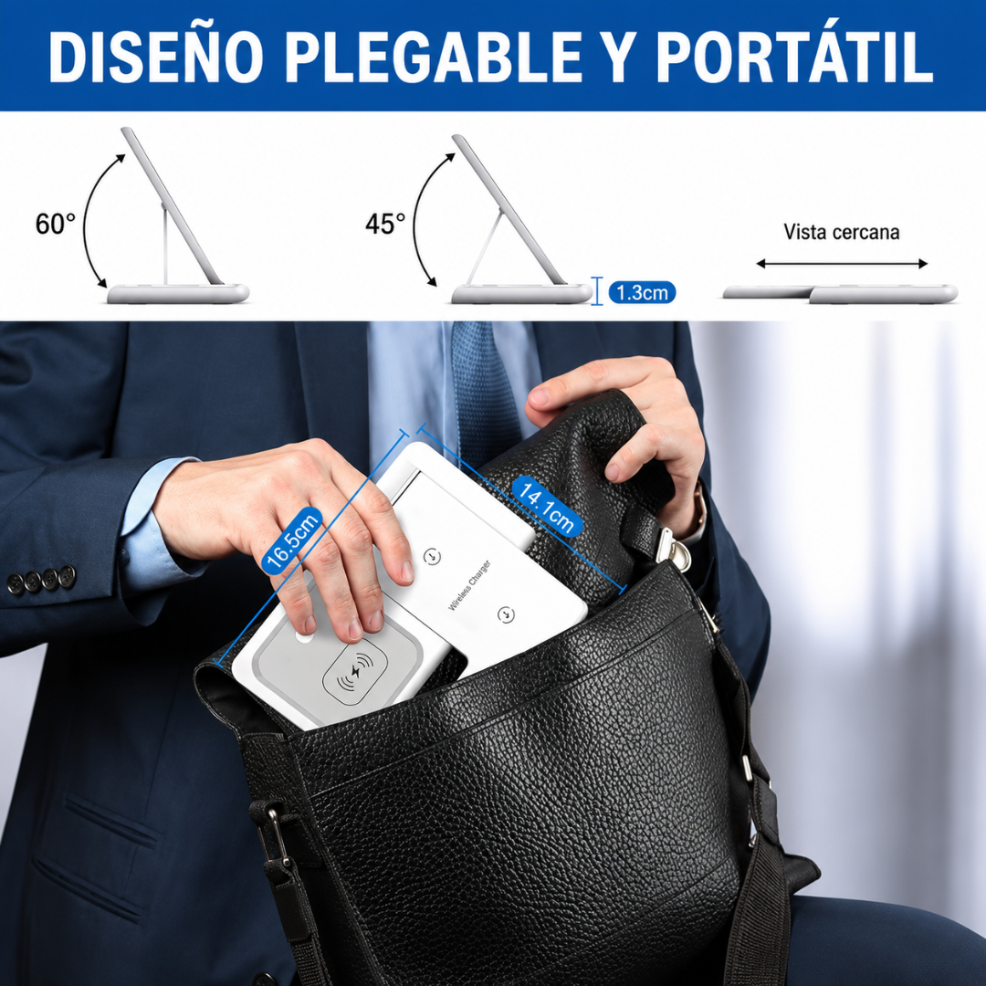 CARGADOR INALÁMBRICO 3 EN 1 – Carga tres dispositivos al mismo tiempo de forma portátil y ordenada
