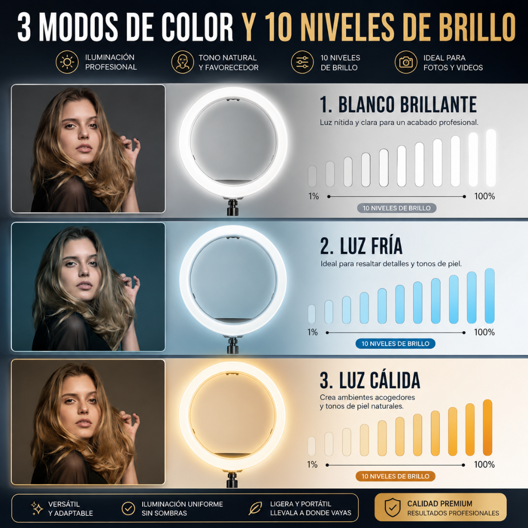 ARO DE LUZ LED 13"/33CM MODELO LJJ33 – Iluminación versátil para crear, grabar y destacar cada detalle