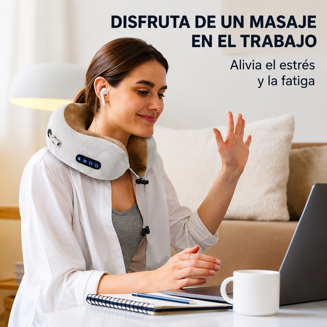 ALMOHADA DE VIAJE ERGONÓMICA CON FUNCIÓN DE MASAJE, VIBRACIÓN Y CALOR INTEGRADA — Relajación para cuello en casa o de viaje