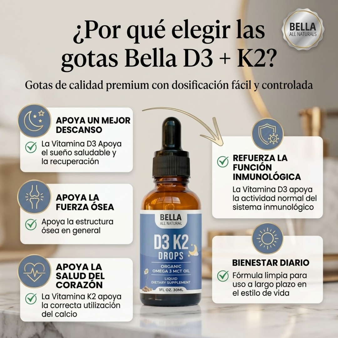 BELLA ALL NATURAL VITAMIN D3 K2 DROPS – Apoyo nocturno para metabolismo, bienestar y control corporal