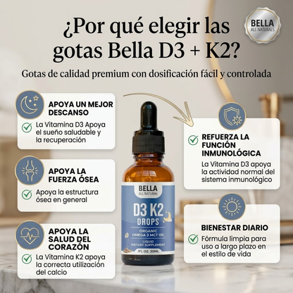BELLA ALL NATURAL VITAMIN D3 K2 DROPS – Apoyo nocturno para metabolismo, bienestar y control corporal
