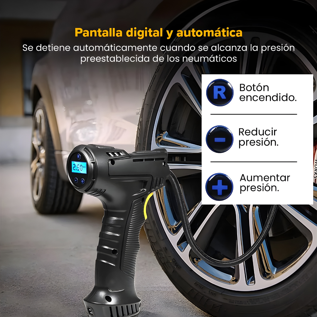 COMPRESOR DE AIRE ELÉCTRICO INALÁMBRICO – Inflado rápido, presión precisa y asistencia en cualquier lugar