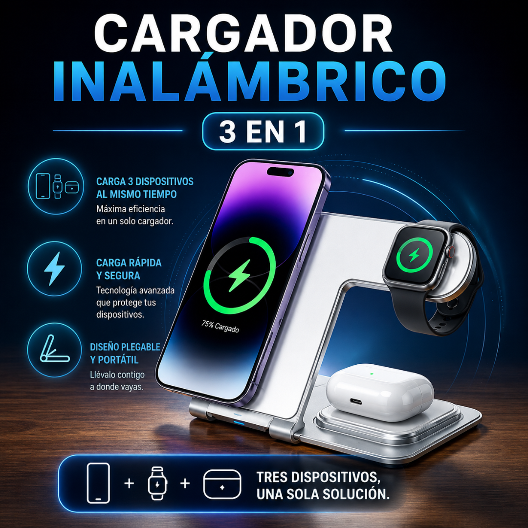 CARGADOR INALÁMBRICO 3 EN 1 – Carga tres dispositivos al mismo tiempo de forma portátil y ordenada