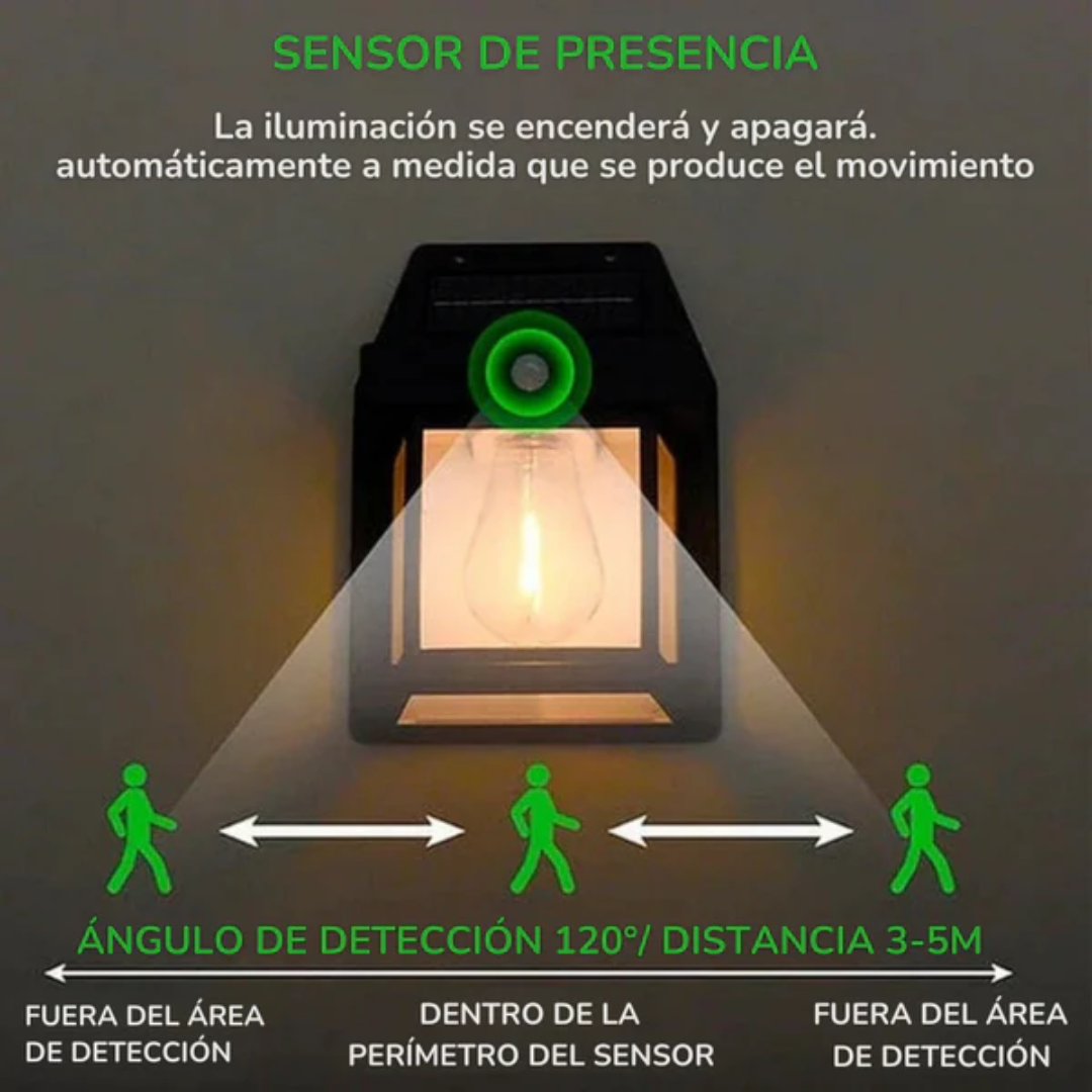 LÁMPARA SOLAR RETRO PARA PARED — Se carga sola y enciende sola cada noche