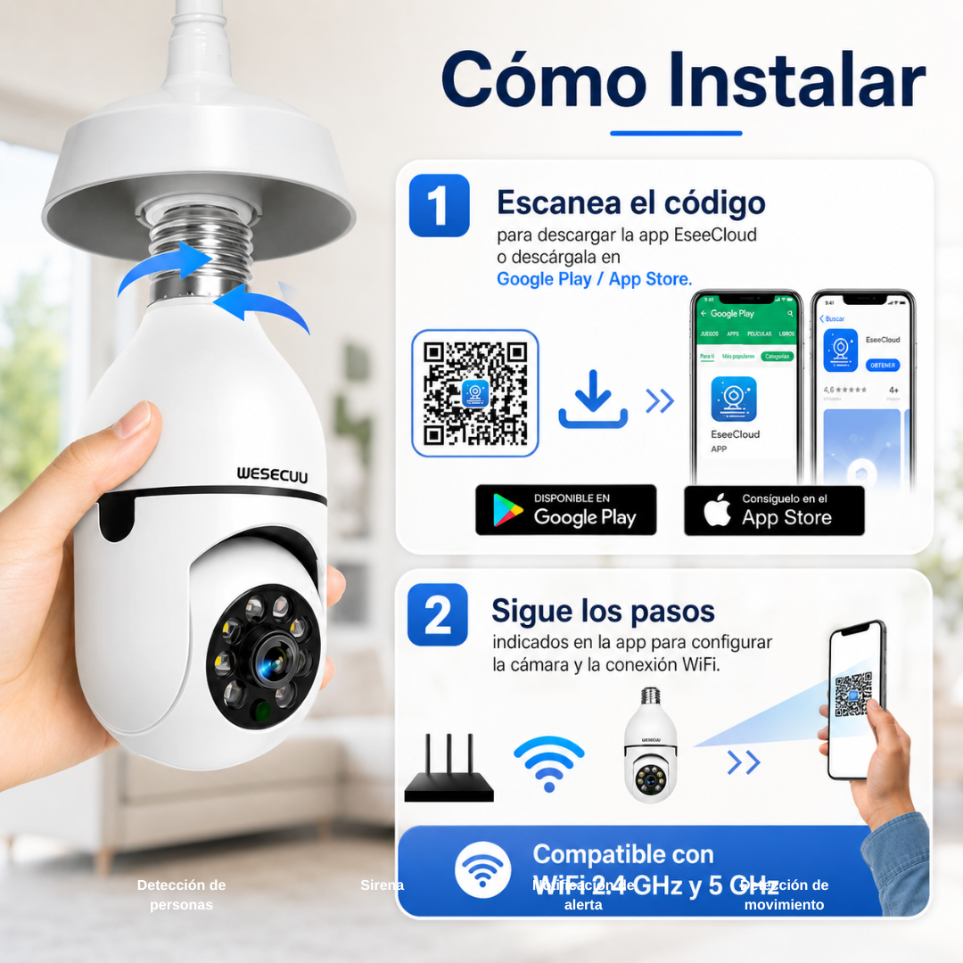 CÁMARA DE SEGURIDAD WI-FI TIPO BOMBILLO – Monitoreo 360°, visión nocturna y control desde tu celular