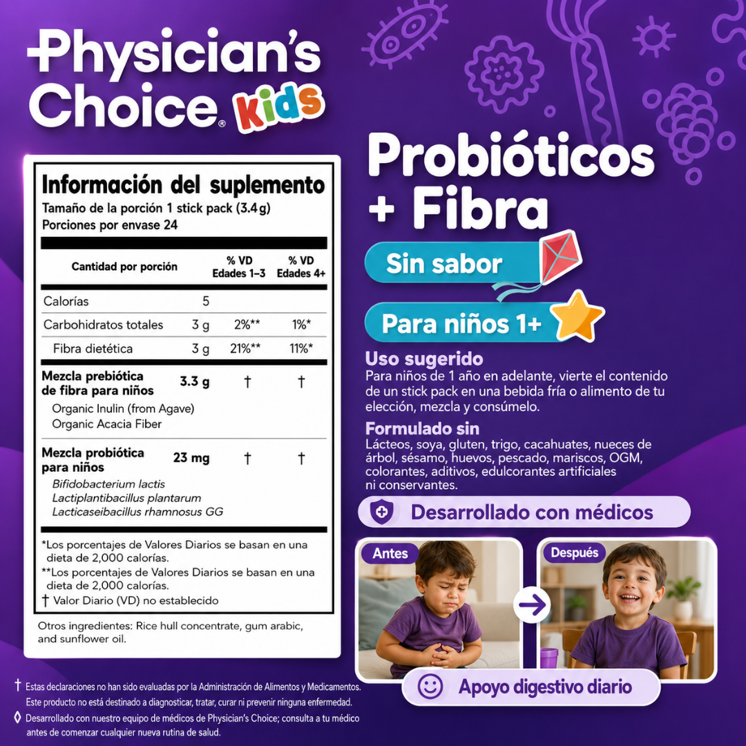 SUPPLEMENT PHYSICIAN'S CHOICE KIDS PROBIOTIC + FIBER 24 PACK – apoyo digestivo infantil para regularidad y bienestar diario