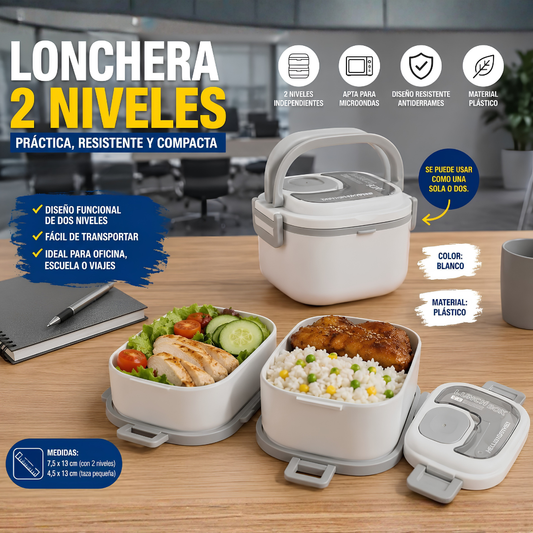 LONCHERA TERMICA DE DOBLE COMPARTIMENTO CON CAPACIDAD DE 900 ML Y 1000 ML - Comida organizada, práctica y lista para llevar