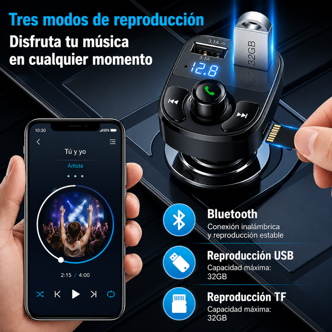 CARGADOR MULTIFUNCIONAL CARRO — Carga el celular y pon música sin cables