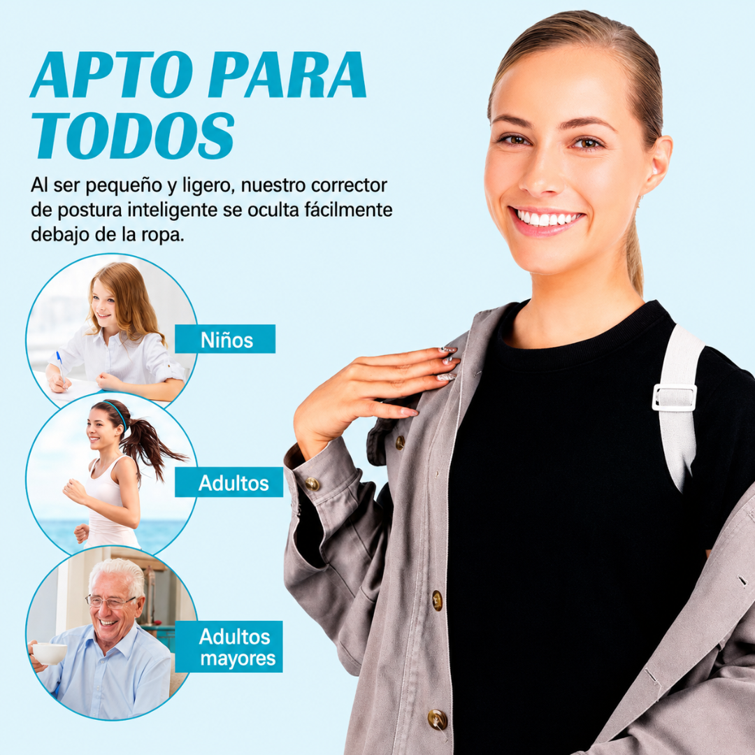 CORRECTOR DE POSTURA CON SENSOR INTELIGENTE — Vibra cuando te encorvás. Lo que el espejo no podía decirte, ahora lo sientes.