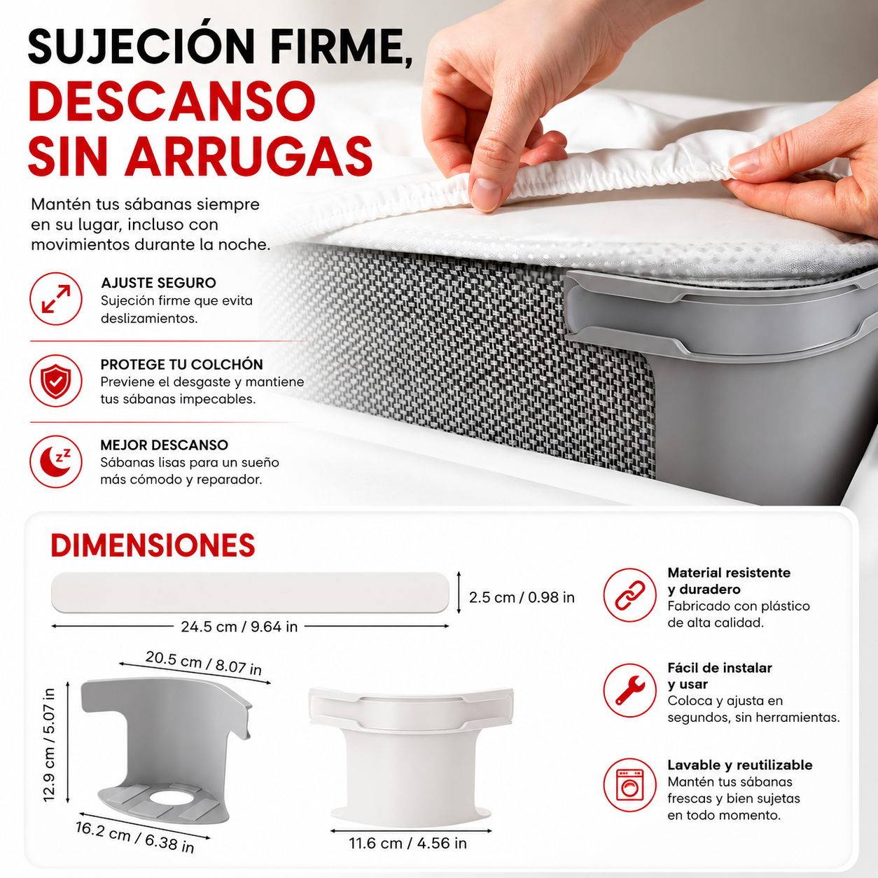 SET DE 4 SOSTENEDOR PLÁSTICO PARA ESQUINAS DE CAMAS – Sábanas firmes en segundos