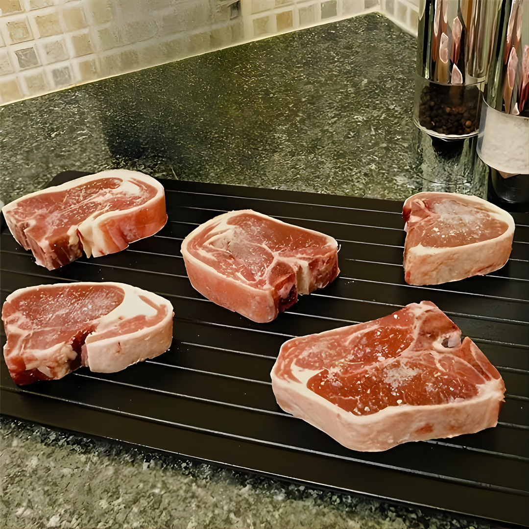 PLACA DESCONGELADORA RÁPIDA – Descongela carnes y alimentos 3 veces más rápido sin electricidad ni microondas